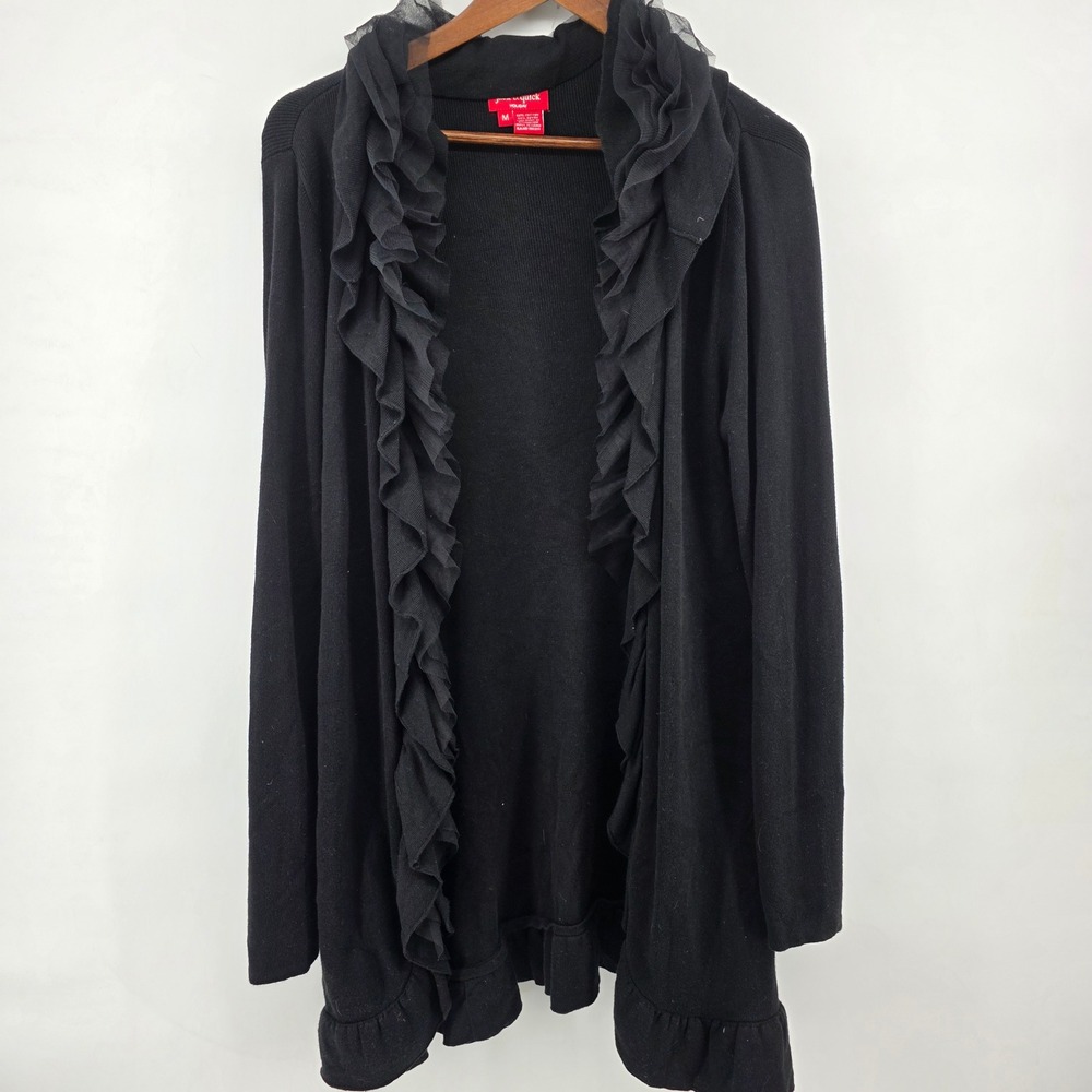 Jack B Quick Black Ruffle Trim Open Front Cardigan Sweater M